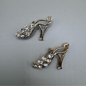 Set Of 2 Gold Tone White Rhinestone High Heel Brooch Pins